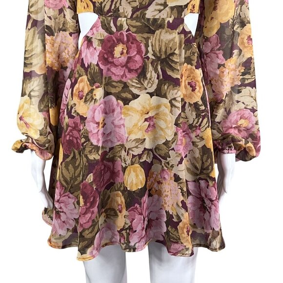 Showpo Women 6 Floral Mini Chiffon Cutout Dress Long Puff Sleeve Sweetheart Neck - Picture 7 of 16